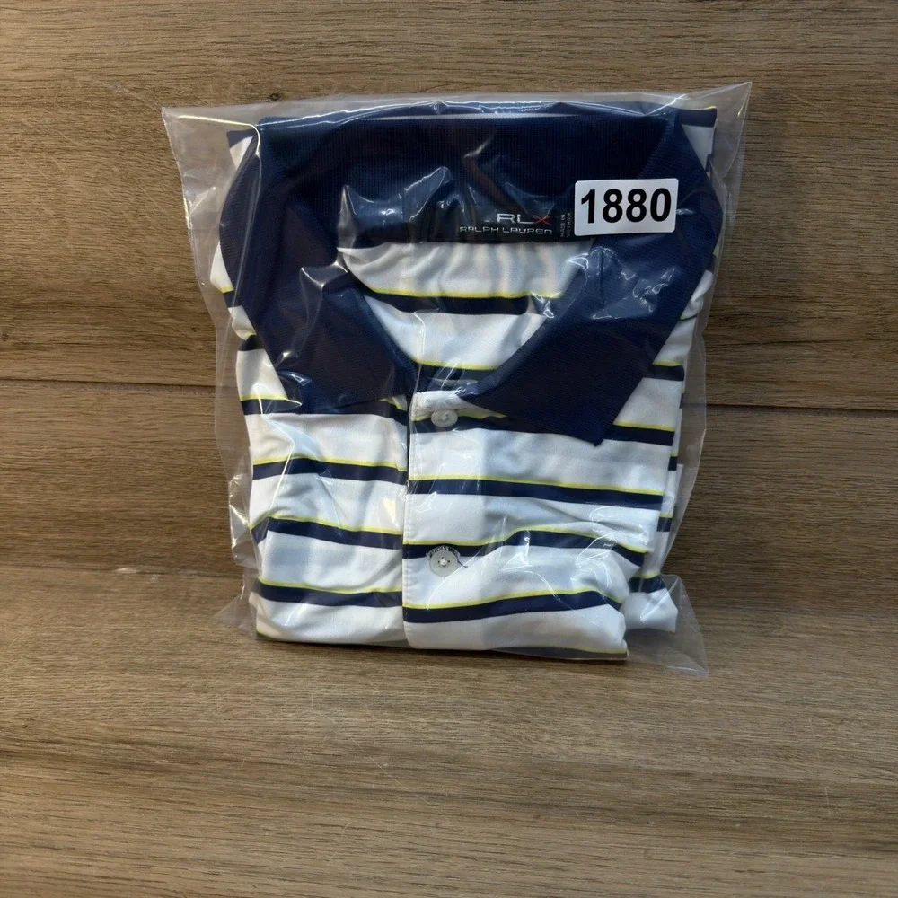 Ralph Lauren RLX PGA Senior Championship Polo Shirt Mens M‎ White Navy Striped